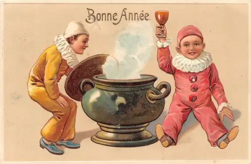 L179 Neujahrsgrüße 1909 Kinder als Pierrots trinken Punsch Vintage Postkarte
