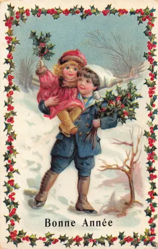 L179 Neujahrsgrüße 1913 Kinder Heiliger Baum geprägt Vintage Postkarte