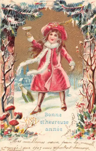 L179 Neujahrsgrüße 1904 Mädchen Pilze Champagner geprägt Vintage Postkarte