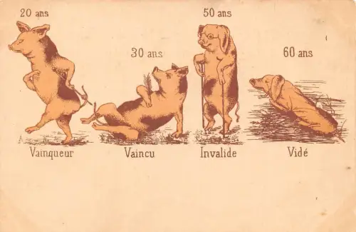 L348 Humanisiertes Schweineleben Vainqueur Vaincu Invalide Vide Comic Vintage Postkarte