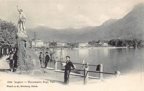 Schweiz Lugano Monumento Gugl Tell Lake Vintage Postkarte