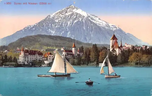 Schweiz Spiez mit Niesen Segelboote Vintage Postkarte