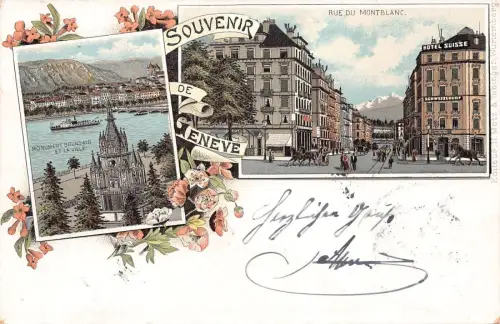 Schweiz 1897 Souvenir de Geneve Blumen Hotel Suisse Litho Postkarte