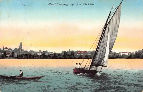 Schweiz 1910 Sonnenuntergang am Zuerichsee Segelboot Vintage Postkarte