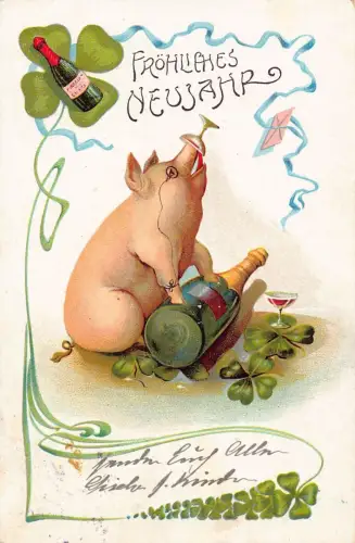 L347 Neujahr 1906 Humanisiertes Schwein Champagner Kleeblatt Glück Litho Vintage Postkarte