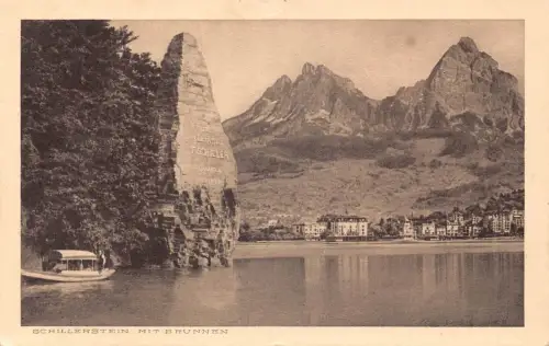 A088 Schweiz Schillerstein mit Brunnen Gedenkstein Boot Vintage Postkarte