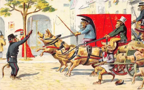 L338 Humanisierte Affen Schweine Wettbewerb anthropomorphe Comic Postkarte