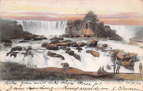L335 Chile Salto del Laja Wasserfall Touristen Klippen Litho Vintage Postkarte