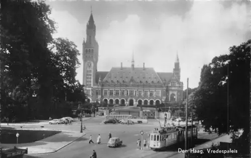 Niederlande Den Haag Haag Vredespaleis Palace Tram RPPC Vintage Postkarte
