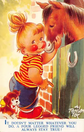Bamforth Niedliches Mädchen Haustiere Pferd Stall Hufeisen Hund Vierbeiner Freund Postkarte