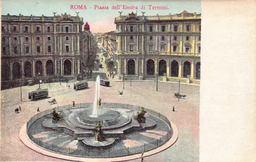 Italien Rom Roma Piazza dell'Esedra di Termini Brunnen Straßenbahn Vintage Postkarte