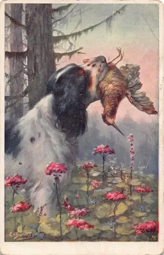Jagdhund gefangen Vogel Blumen Kunst signiert C Buhlo Postkarte