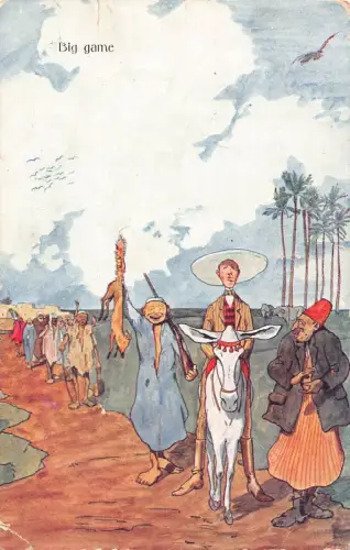 Comic Humor 1914 Big Game Ägypter Jagd Fuchs Mann auf Esel Postkarte