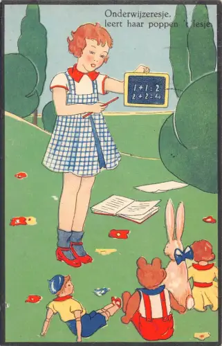 Comic 1938 Mädchen lehrt ihr Spielzeug, Teddybär und Kaninchen Mathe Postkarte
