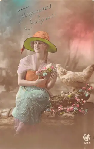 Ostergrüße Frau Huhn mit Küken im Korb Vintage Postkarte