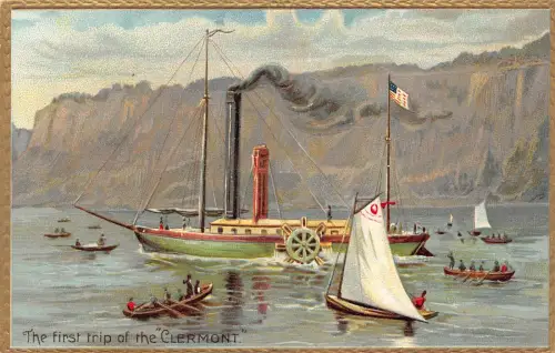 B040 US Historic Events First Trip of Steamboat Clermont embossed postcard