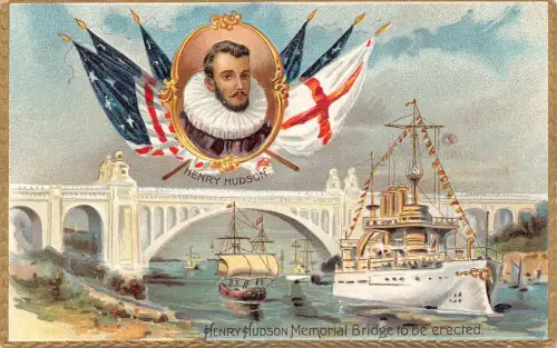 B040 US Portrait Henry Hudson Memorial Bridge Steamboat Flag geprägte Postkarte