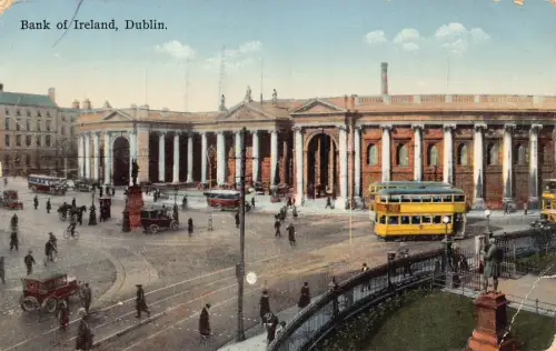 Irland 1936 Bank of Ireland Dublin Double Decker Tram Vintage Postkarte