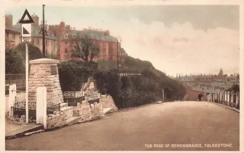 England Remembrance Road Folkestone Steep Hill Straßenschild Vintage Postkarte