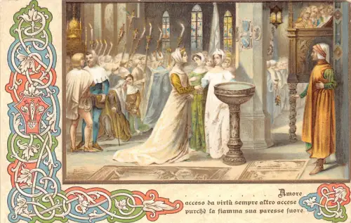 Art Incontre di Dante e Beatrice in S Croce Firenze geprägte Vintage Postkarte