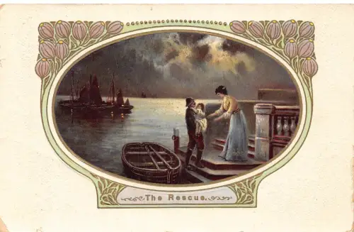 Jugendstil 1910 Passepartout Blumen gerettet Baby Bootsmann geprägte Postkarte