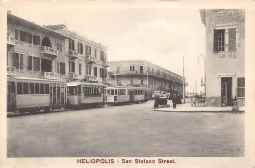 Ägypten Heliopolis San Stefano Straße Straßenbahn Vintage Postkarte