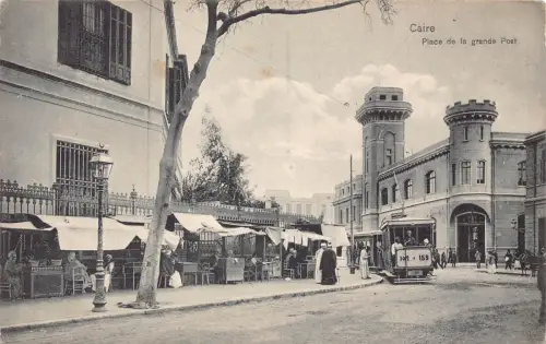 Ägypten Kairo Place de grande Post Restaurant Straßenbahn Vintage Postkarte