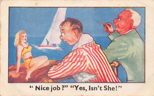 Comic Humor Junge Karos Sinnliche Frau Badeanzug Alte Männer Rauchen Pfeife 1947 Postkarte