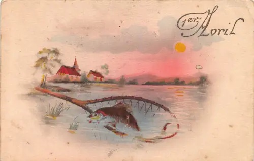 Aprilscherz Fisch raus aus Fischernetz See Sonnenuntergang Vintage Postkarte