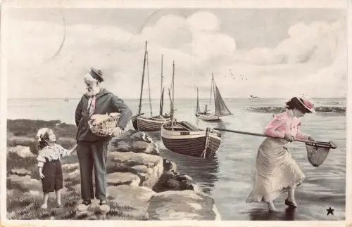 Angelszene 1906 Fischer Boote Mädchen Frau mit Netz Vintage Postkarte
