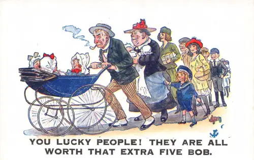 Humor Familie Kinderwagen Kinder Mann Rauchen Pfeife Kunst Glückliche Menschen Postkarte