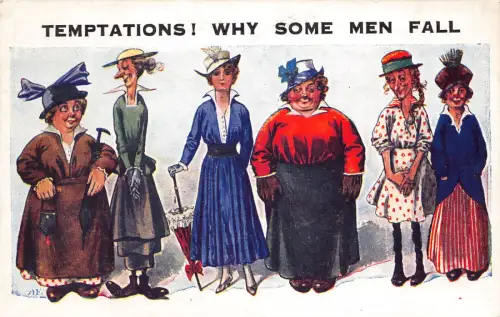 Humor Comic Dicke, Schlanke, Alte und Hässliche Frauen Versuchungen Warum einige Männer fallen Postkarte