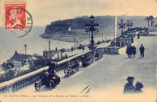 Monaco 1927 Monte-Carlo Terrassen und Rocher de Monaco Bänke Postkarte