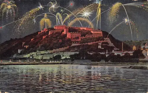 A103 Deutschland 1911 Ehrenbreitstein ein Rhein Feuerwerk bei Nacht Vintage Postkarte