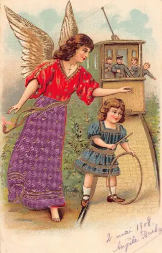 L224 Grüße 1903 Engel schützen Mädchen Straßenbahn geprägt Vintage Postkarte