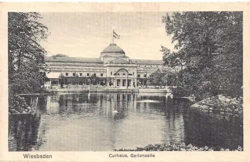 A103 Deutschland 1912 Wiesbaden Kurhaus Gartenseite Gartenteich Vintage Postkarte