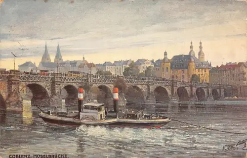 A103 Deutschland 1914 Koblenz Moselbrücke Dampfschiff Gemälde Beraud Postkarte
