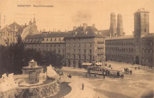 A105 Deutschland 1909 München Maximiliansplatz Platz Straßenbahn Brunnen Postkarte