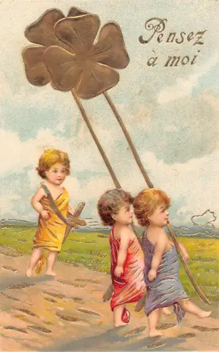 L224 Grüße Jungen Kleeblatt Golddrachen Glück geprägt Vintage Postkarte