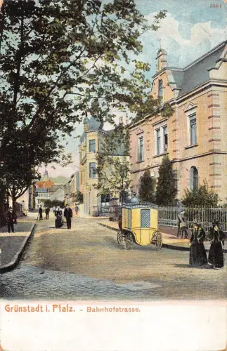 A104 Deutschland Grünstadt i Pfalz Bahnhof Straßenkutsche Vintage Postkarte