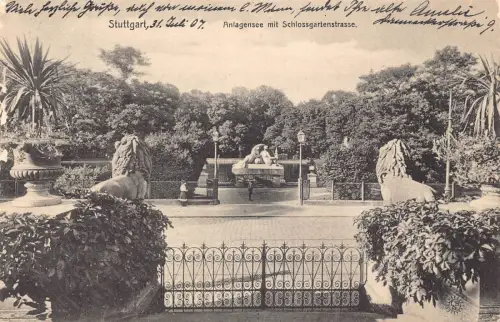 L203 Deutschland 1907 Stuttgart Anlagensee mit Schlossgartenstraße Vintage Postkarte