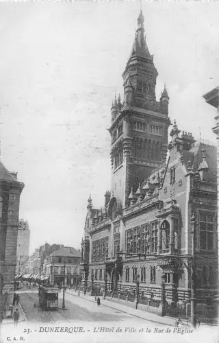 Frankreich Dunkerque Hotel de Ville Rue de l'Eglise Straßenbahn Vintage Postkarte