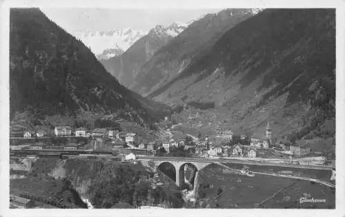 L072 Schweiz, Goeschenen - Brücke, Eisenbahn, Panorama Vintage Postkarte