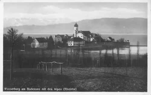 L185 Deutschland Wasserburg am Bodensee mit den Alpen Rheintal Vintage Postkarte
