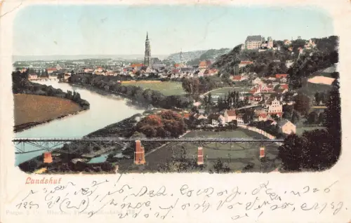 L342 Deutschland 1900 Landshut Panoramabrücke Fluss Litho Vintage Postkarte