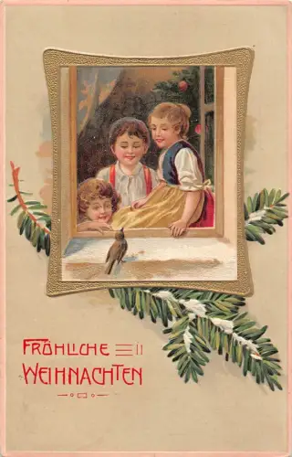 L222 Weihnachtsgrüße 1910 Kinder Vogel Baum Prägepostkarte
