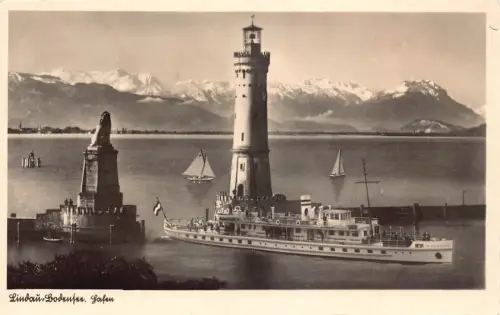 L186 Deutschland 1936 Lindau Bodensee Dampfschiffe Leuchttürme RPPC Vintage Postkarte