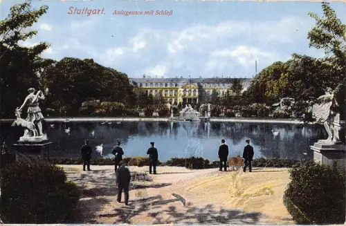L153 Deutschland Stuttgart. Anlagensee mit Schloss Statue, See Vintage Postkarte