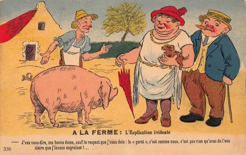 L081 Farm Life Fat Pig Comic Humor Vintage Postkarte
