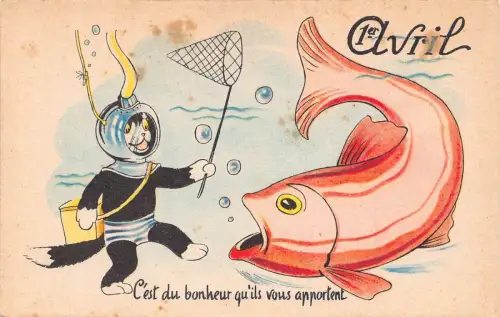 L081 1. April Narrentag Taucher Katze fängt große Fische Comic Humor Postkarte
